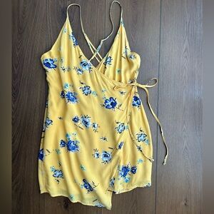 Cotton Candy Yellow Floral Mini Wrap Dress with Blue Flowers